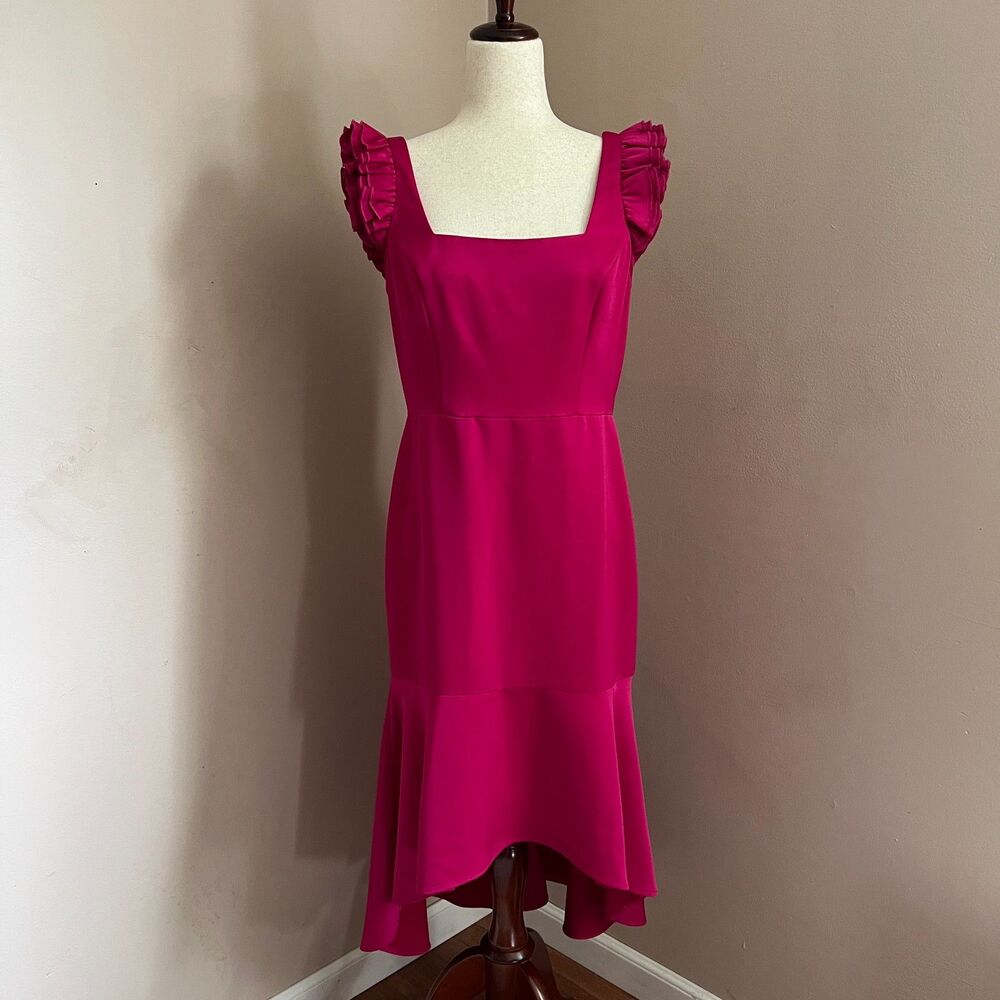 Aidan Mattox Hot Pink Ruffle Strap Fit & Flare Midi Dress Wedding Guest Size 8